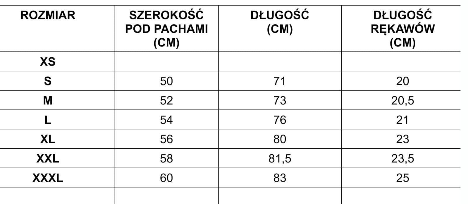 tabela rozmiarów